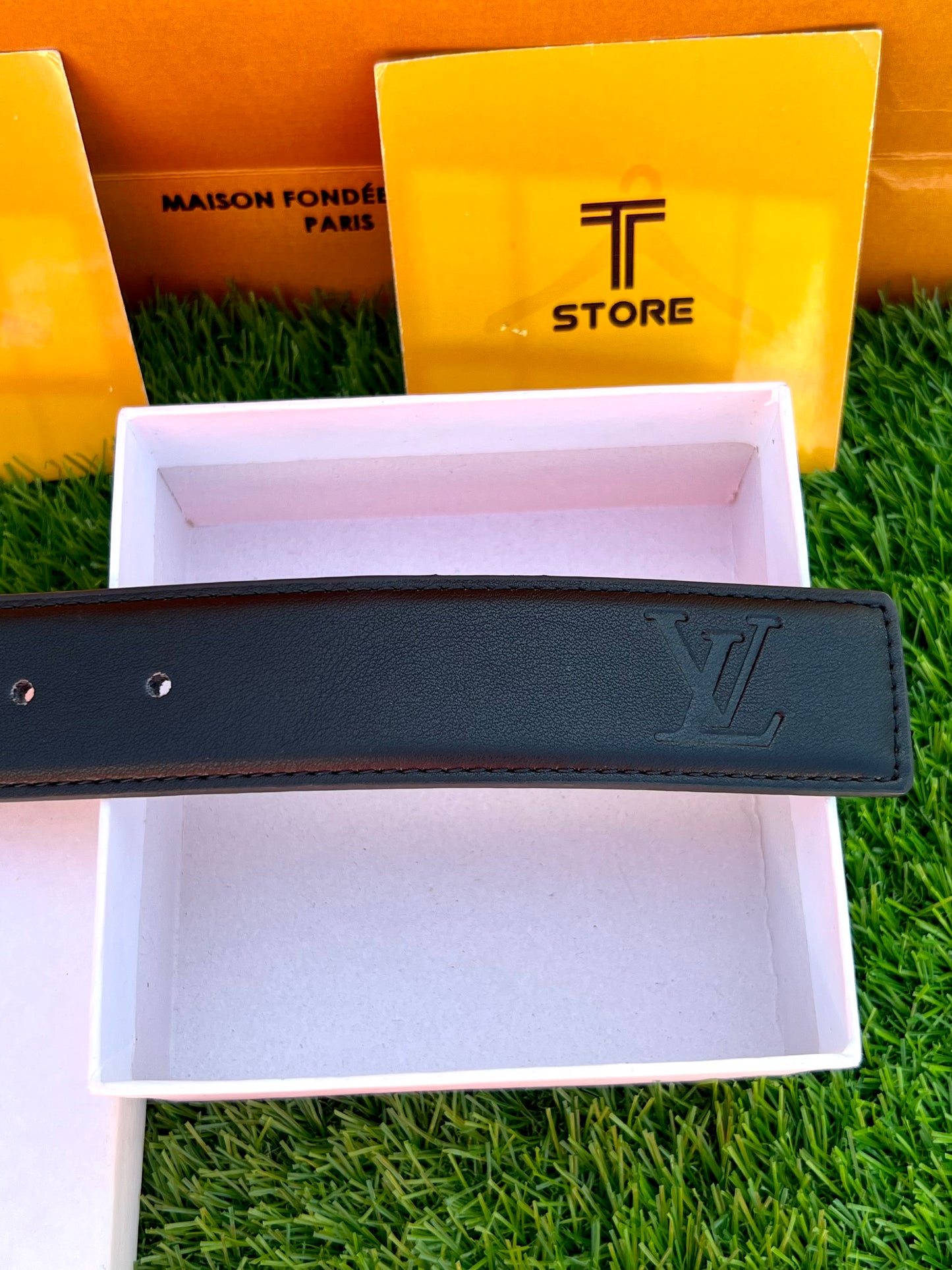Lv Black Two Tone Buckle Leather Belt