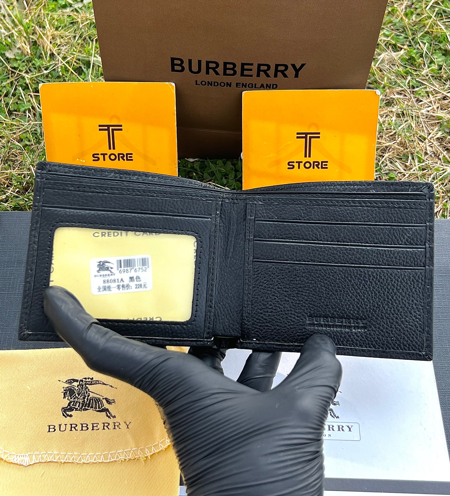 Burberry Black Plain Logo Genuine Leather Wallet
