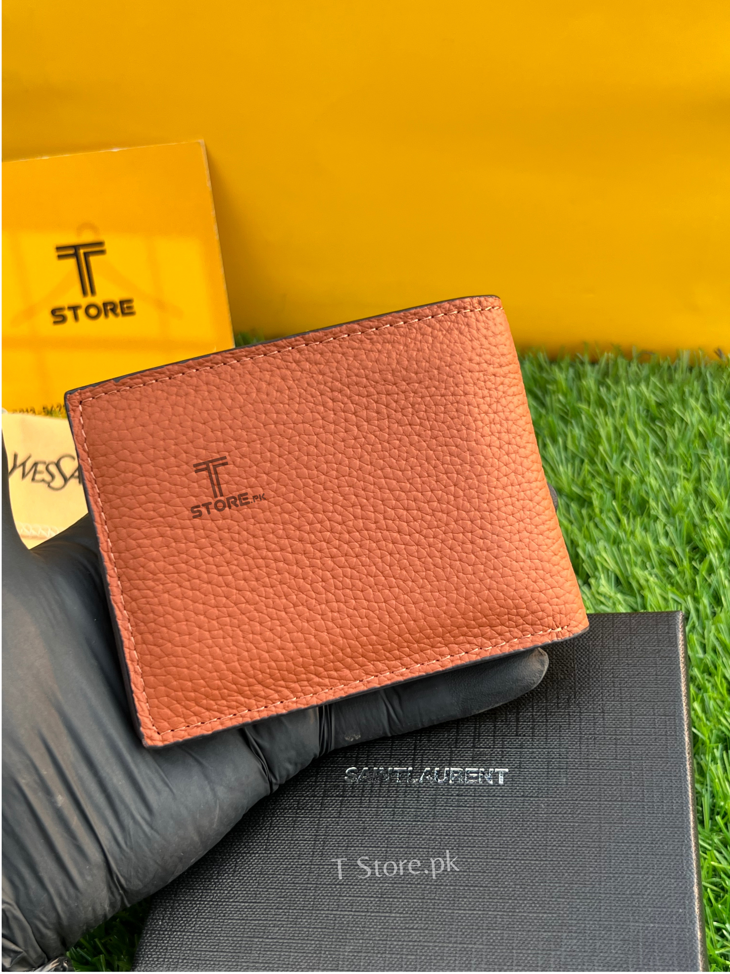 YSL Brown Plain Genuine Leather Wallet