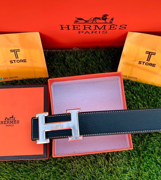 Hermes Silver Buckle Leather Belt