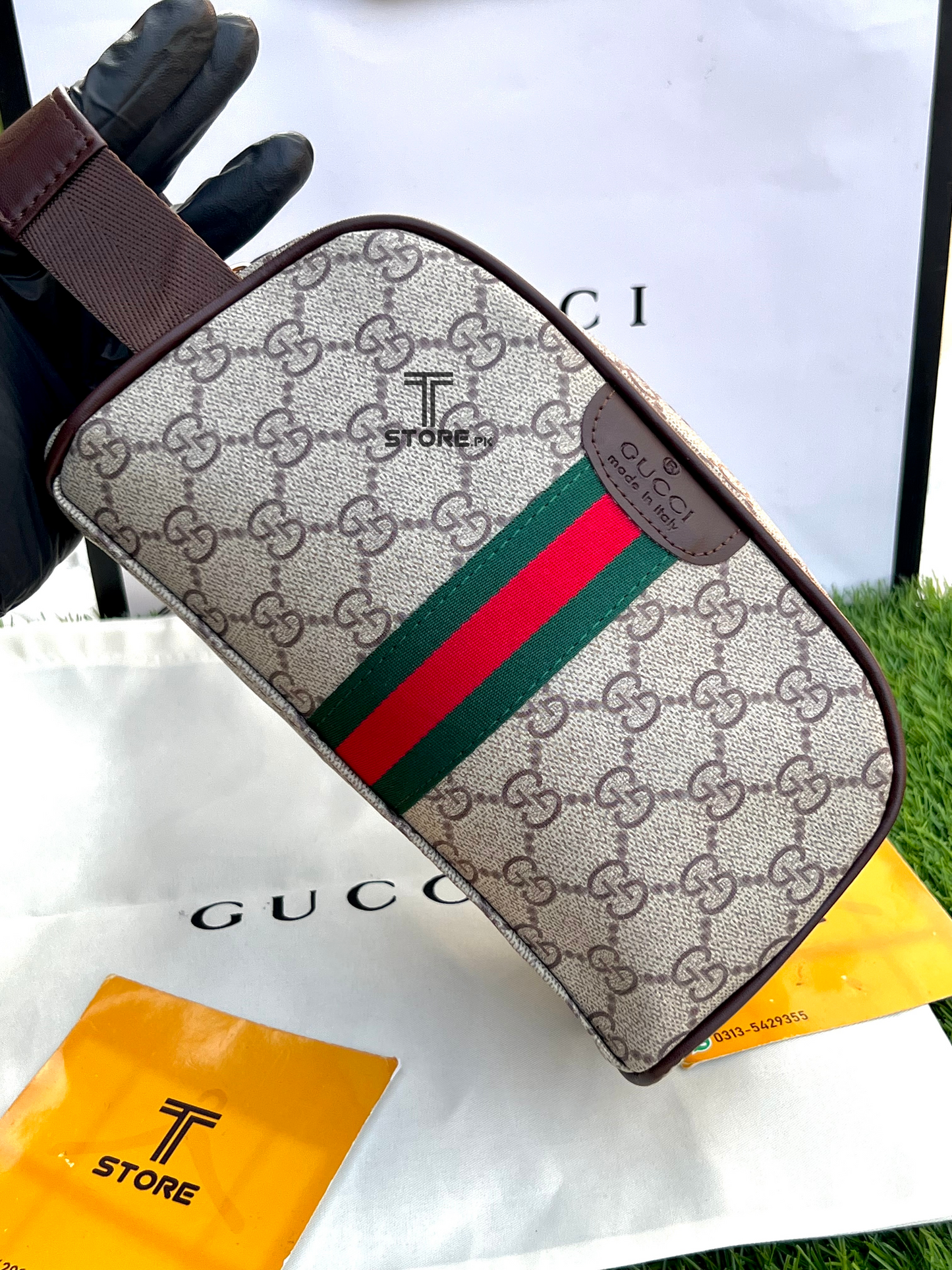 Gucci Beige Strips Hand Pouch