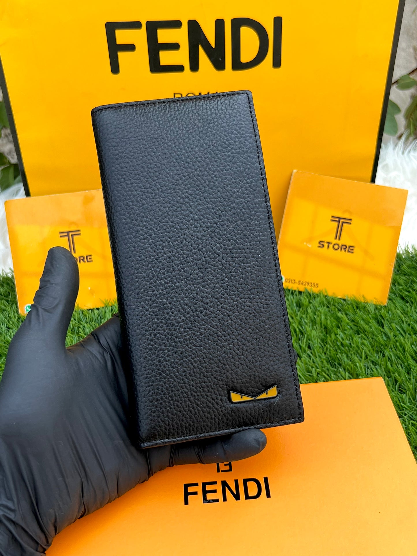 Fendi Black Plain Logo Genuine Leather Long Wallet