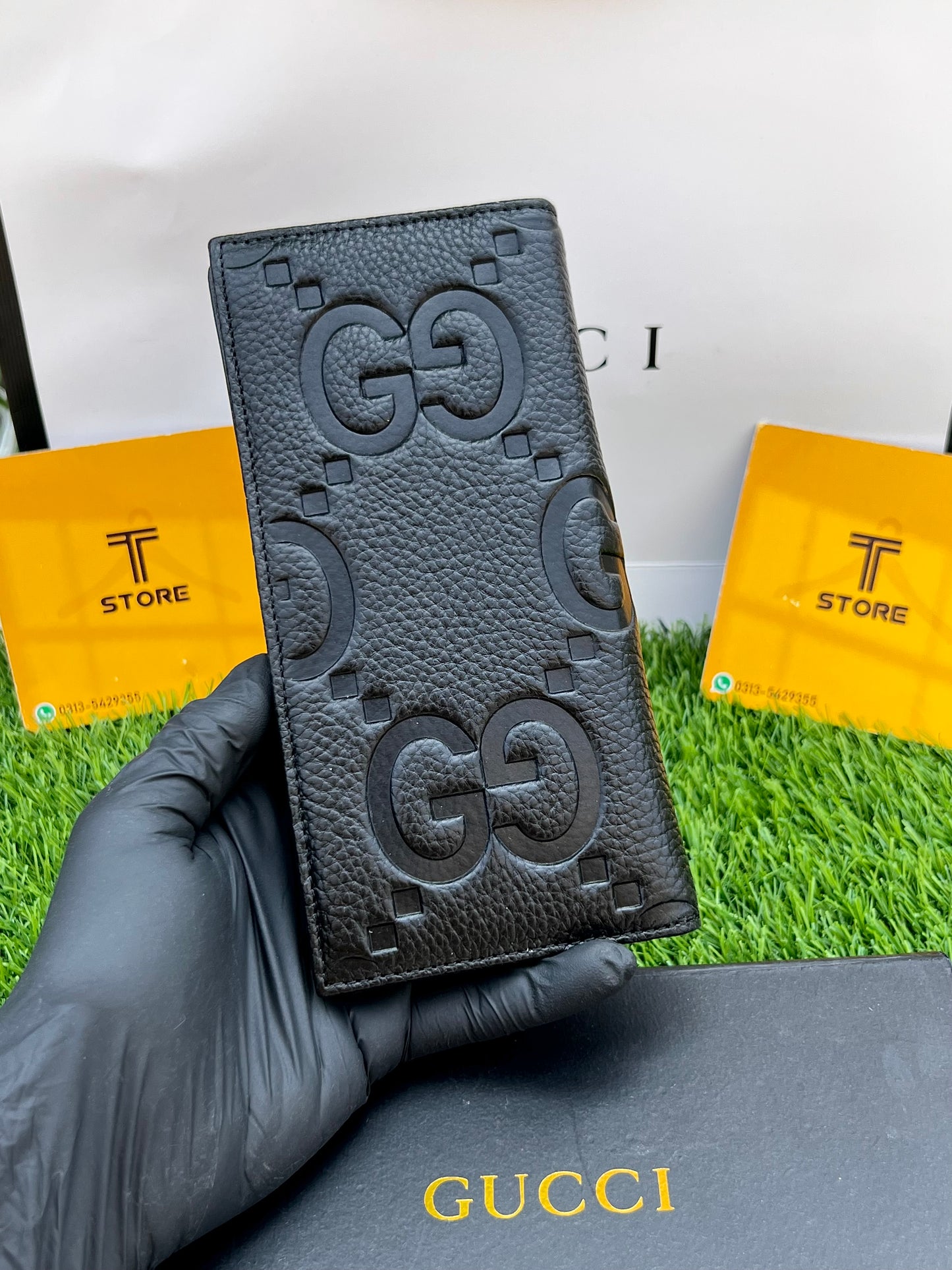 Gucci Black Large GG Logo Embossed Genuine Leather Long Wallet