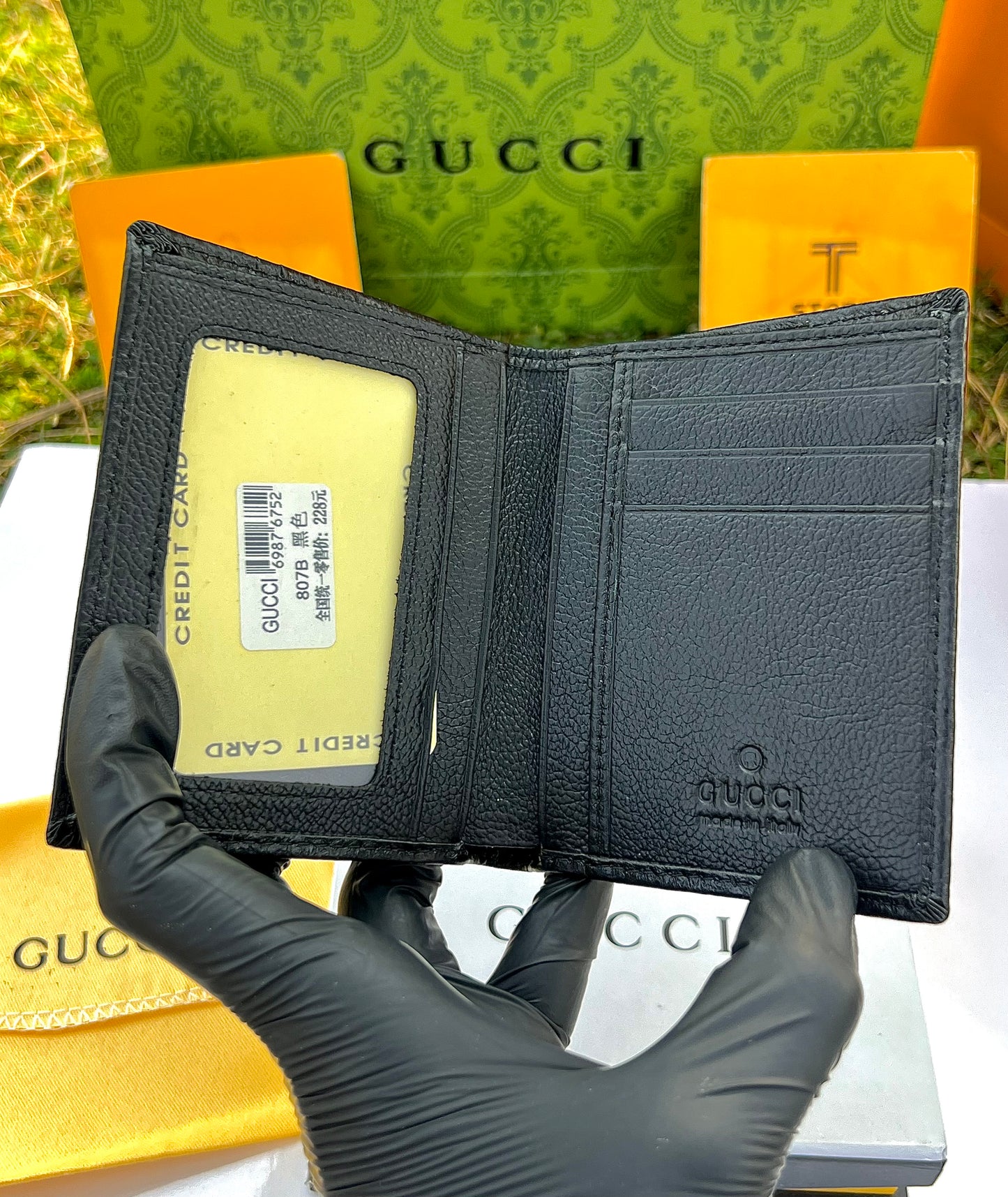Gucci Black Embossed Strips Logo Genuine Leather Book Shape Wallet