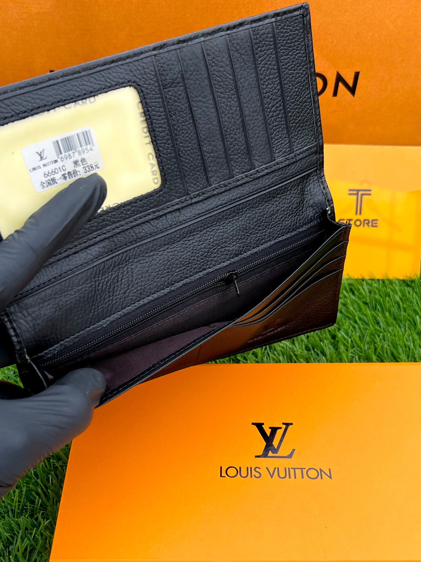 LV Embossed Black Flower Genuine Leather Long Wallet