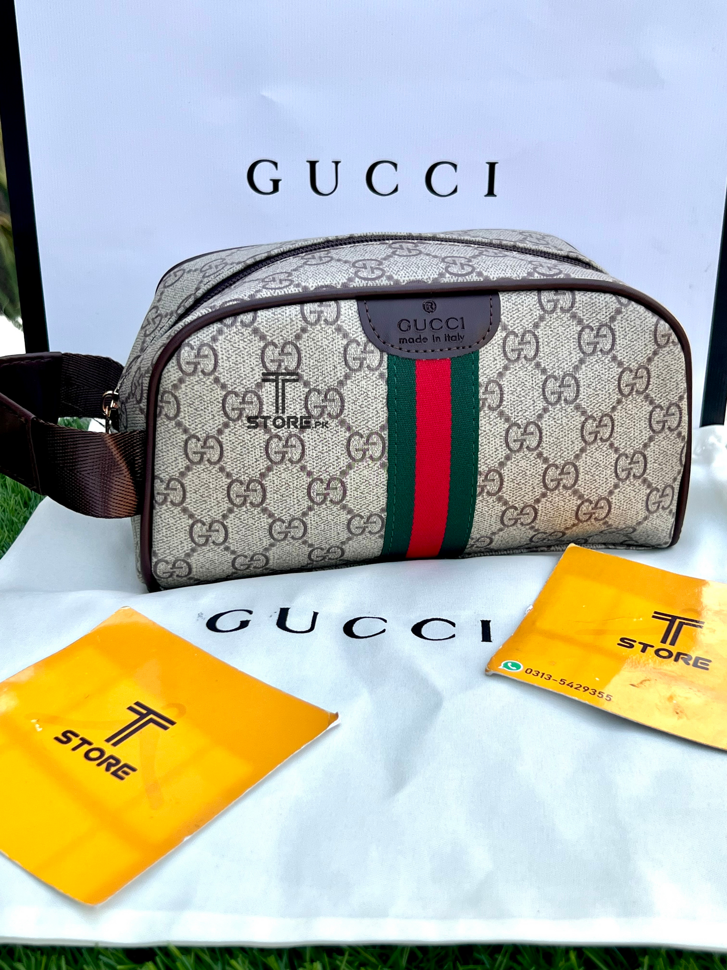 Gucci Beige Strips Hand Pouch