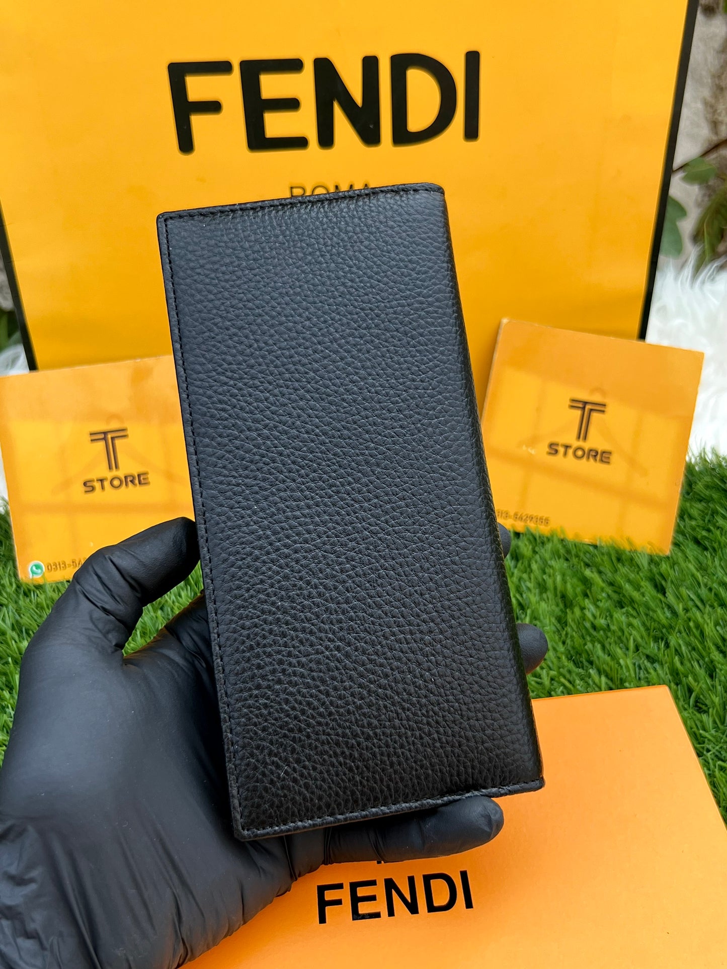 Fendi Black Plain Logo Genuine Leather Long Wallet
