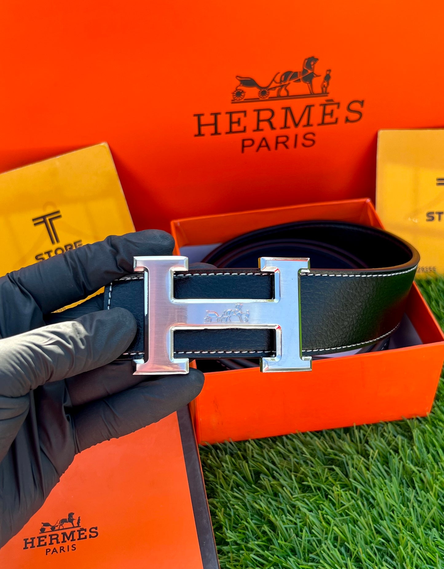 Hermes Silver Buckle Leather Belt