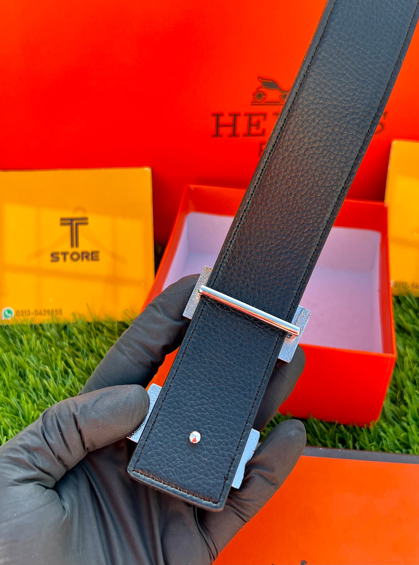 Hermes Silver Buckle Leather Belt