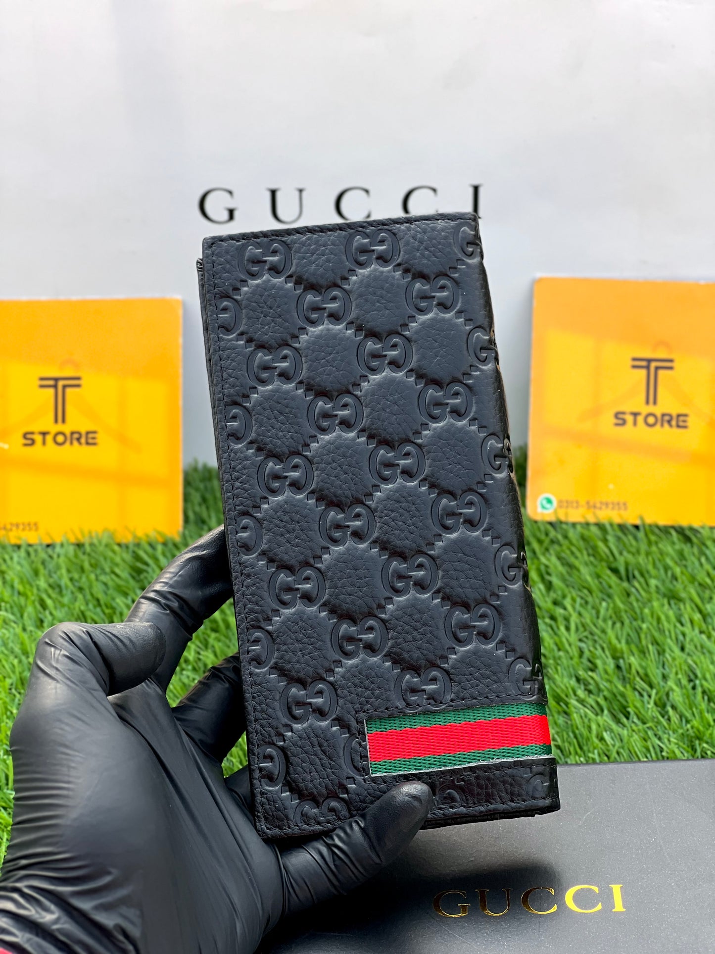 Gucci Black Strip Genuine Leather Long Wallet