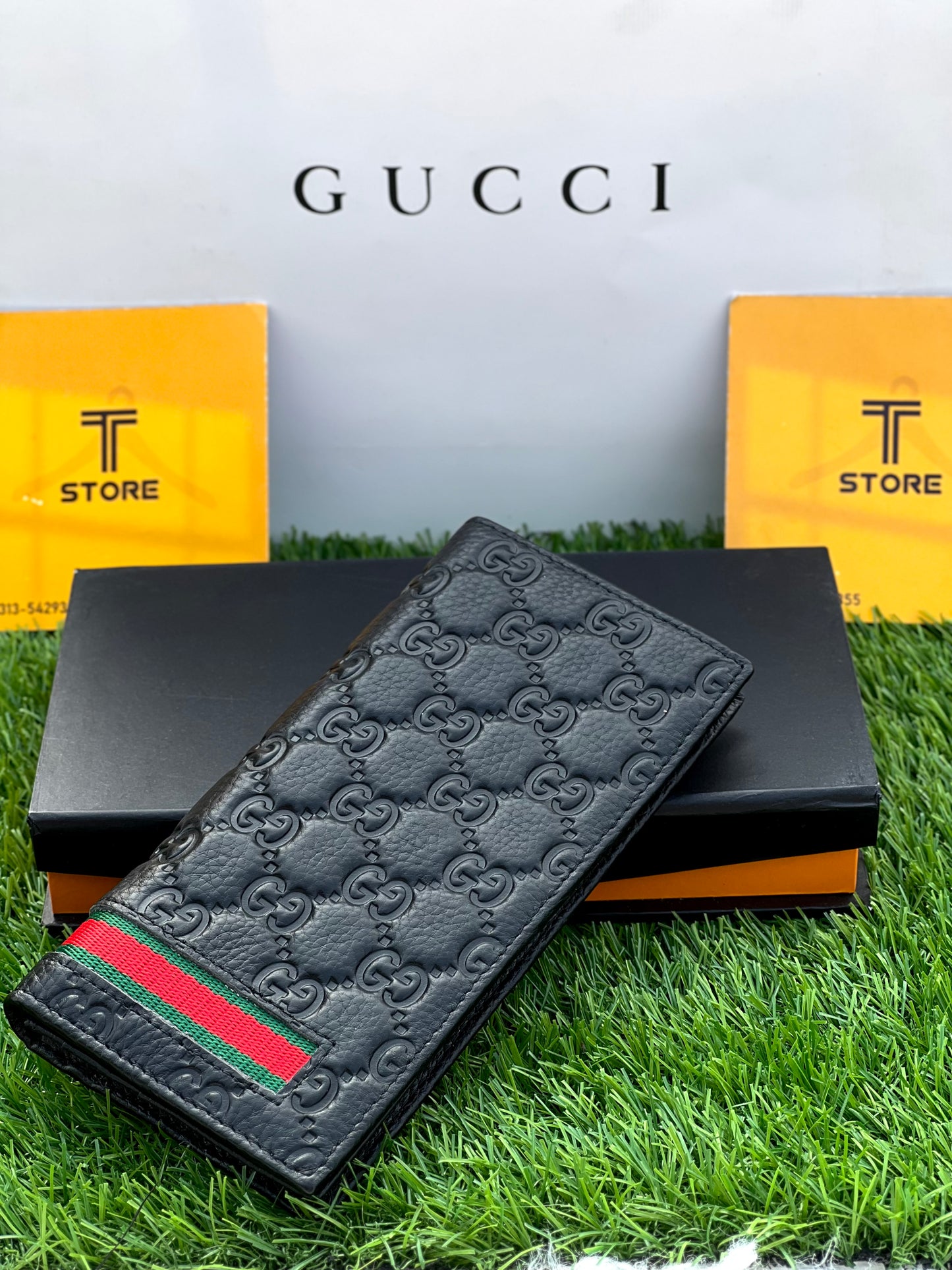 Gucci Black Strip Genuine Leather Long Wallet