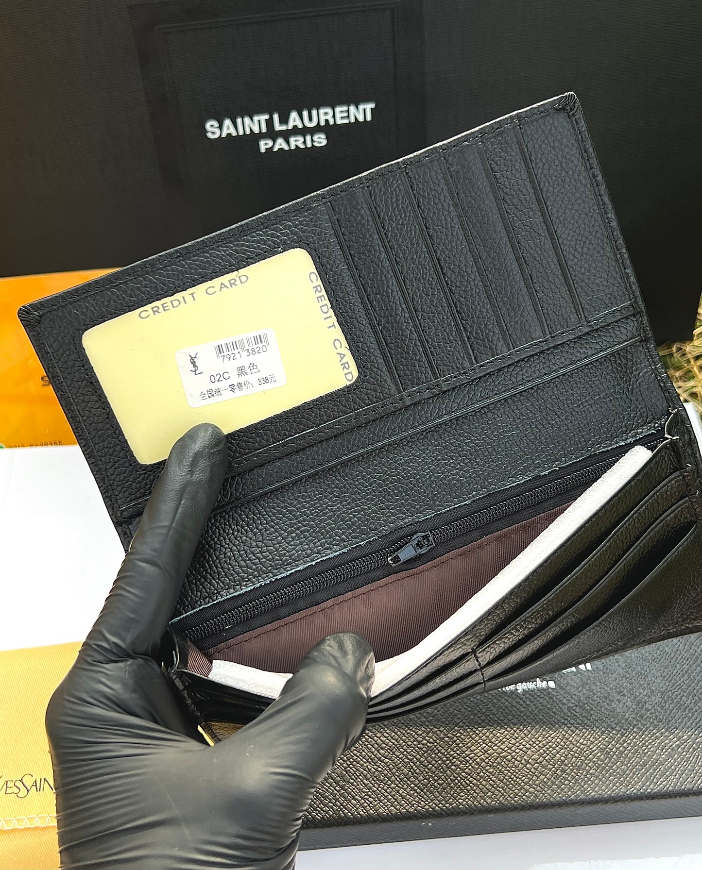 YSL Black Plain Black Logo Genuine Leather Long Wallet