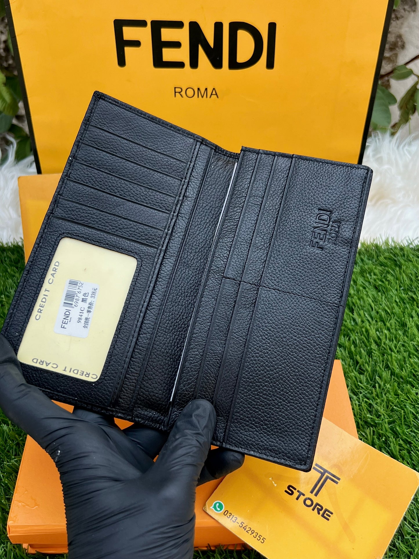 Fendi Black Plain Logo Genuine Leather Long Wallet