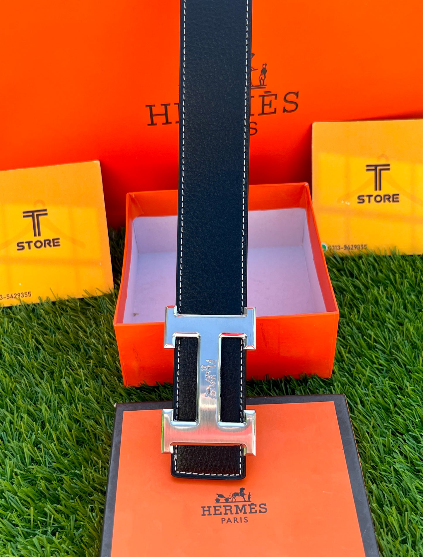 Hermes Silver Buckle Leather Belt