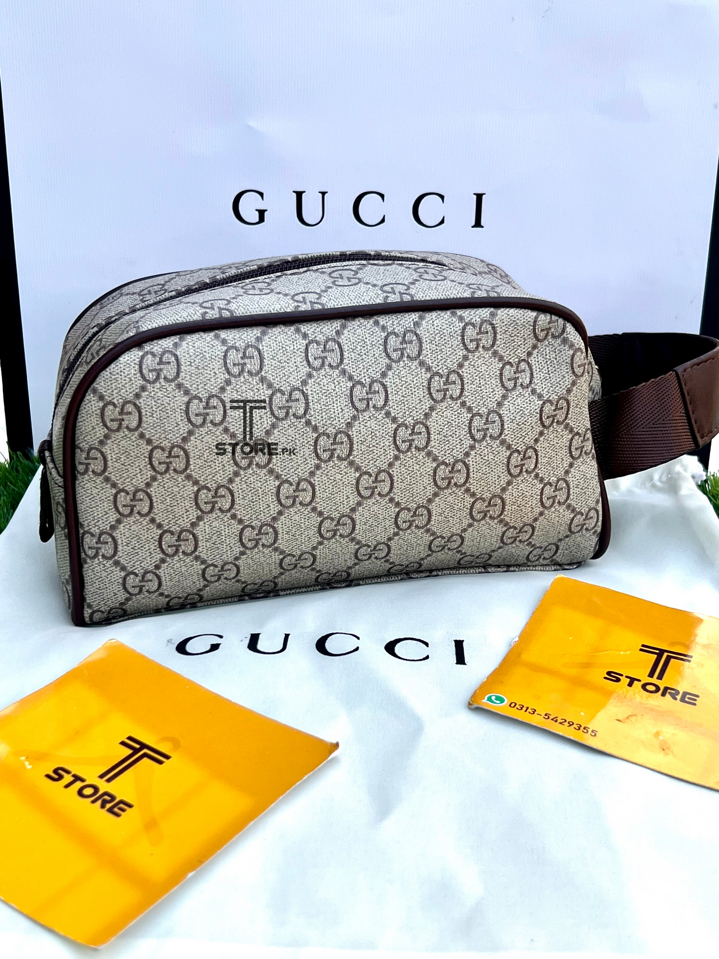 Gucci Beige Strips Hand Pouch