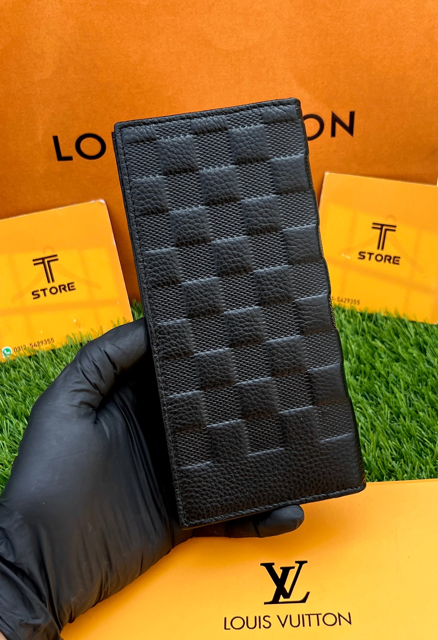 LV Black Embossed Check Genuine Leather Long Wallet