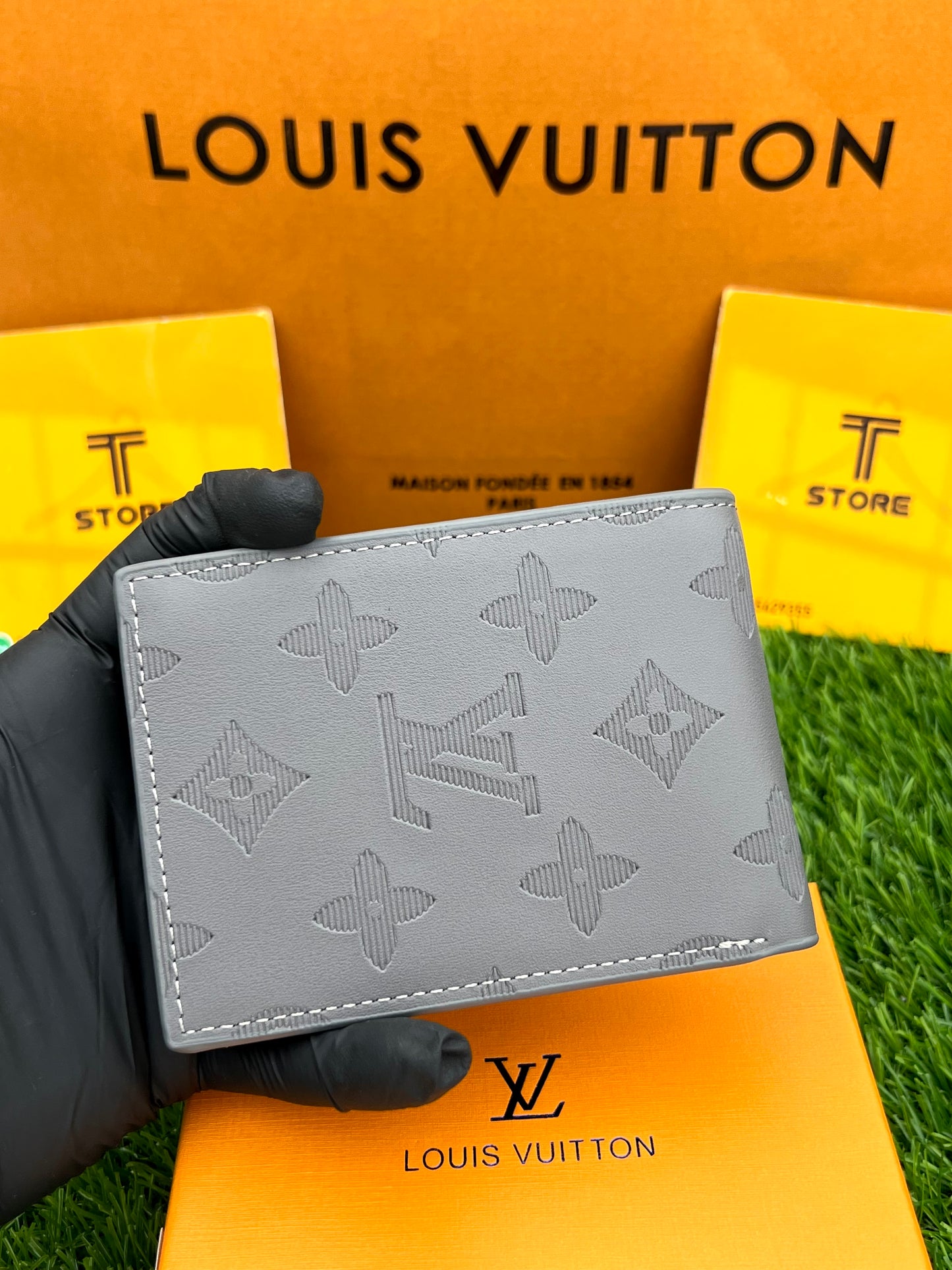 LV Grey Flower Embossed Wallet