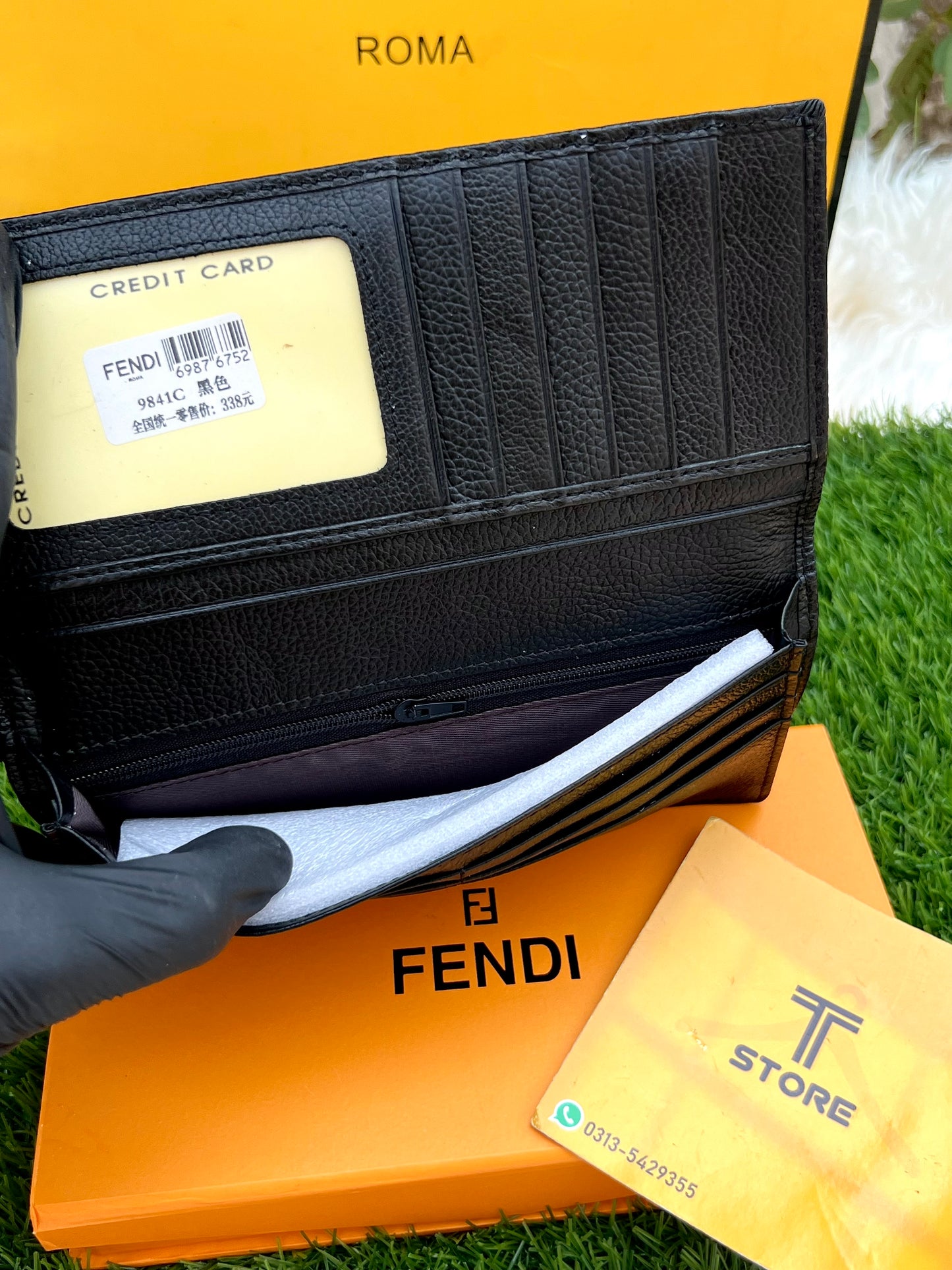 Fendi Black Plain Logo Genuine Leather Long Wallet