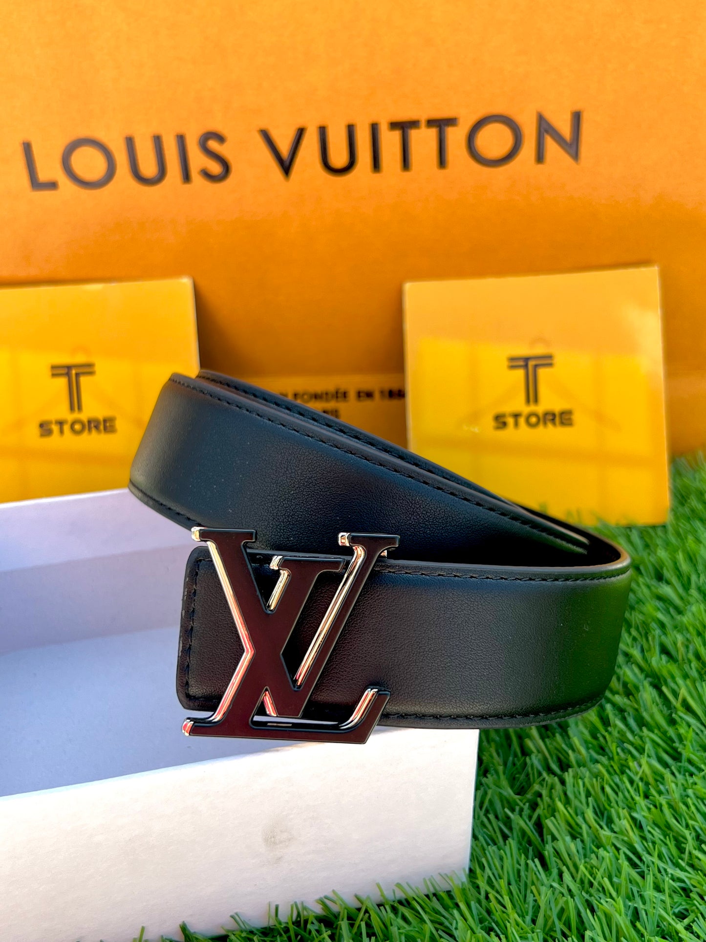 Lv Black Two Tone Buckle Leather Belt