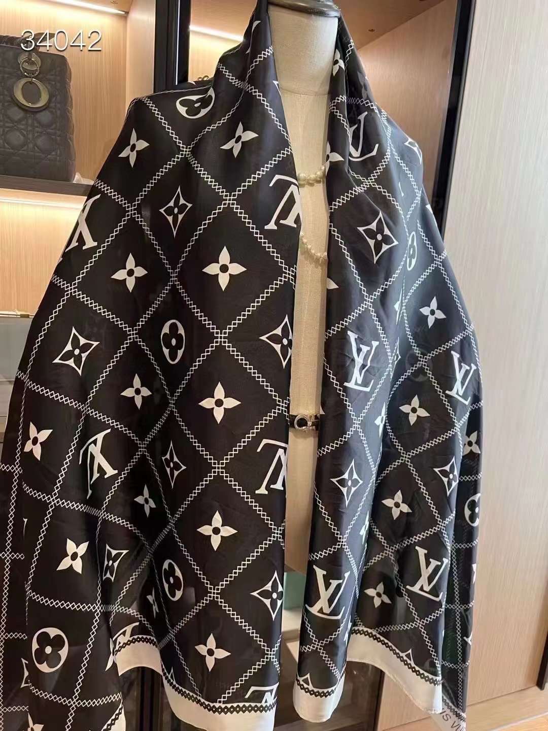 LV Black Printed Silk Scarf