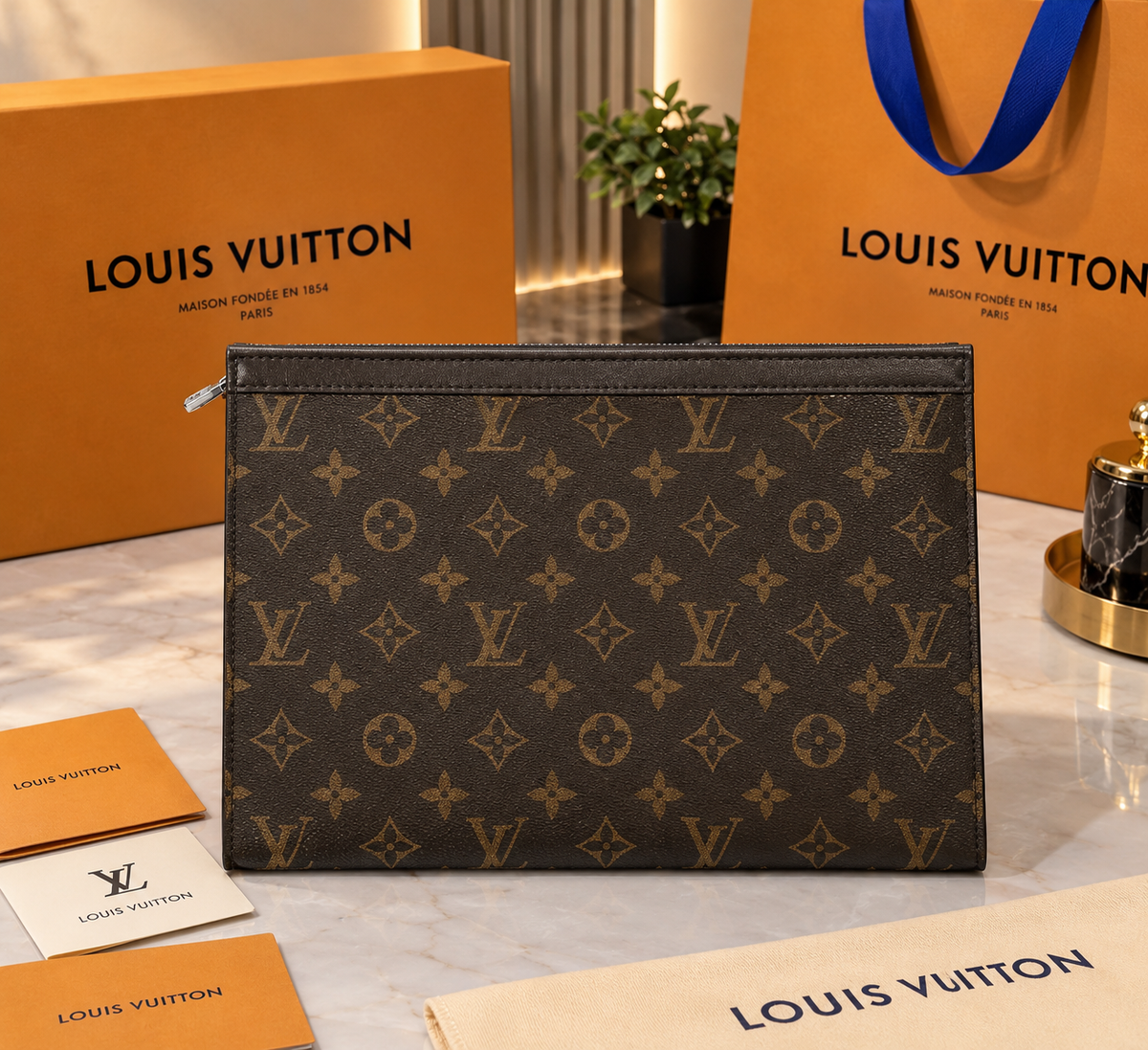 LV Brown Flower Pochette Men's Clutch