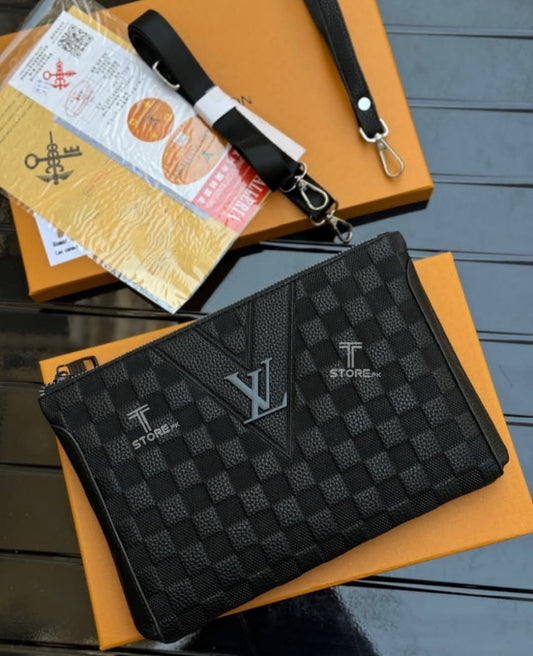 LV Black Check Embossed Leather Men's Handbag
