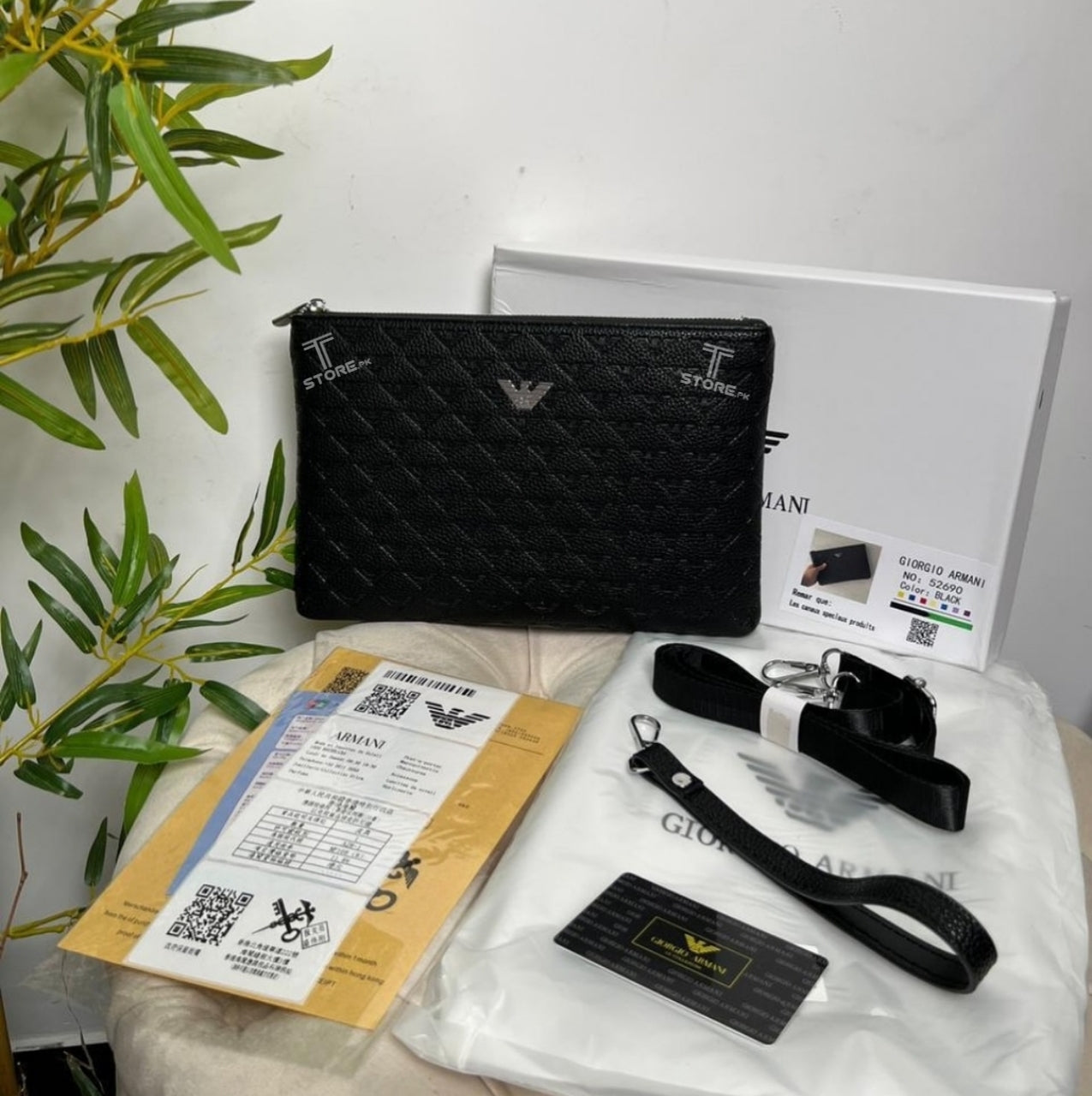 Armani Black Logo Embossed Leather Men's Handbag
