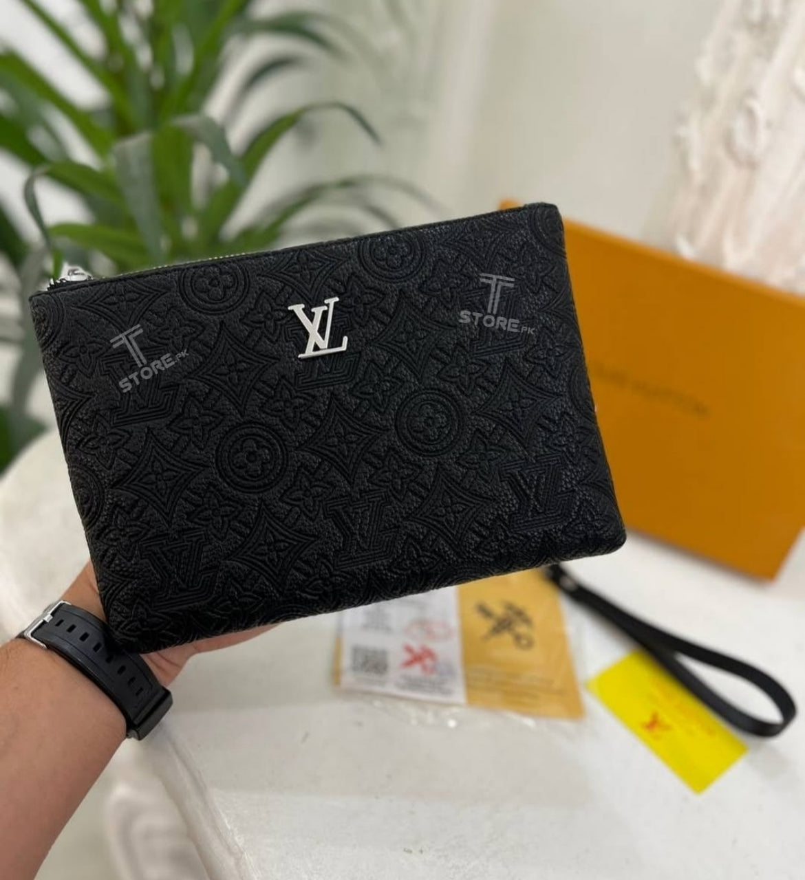 LV Black Flower Embossed Leather Men's Handbag
