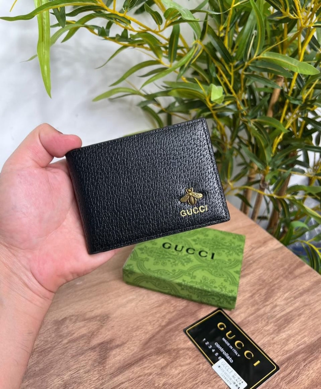 Gucci Black Plain Bee Logo Slim Wallet