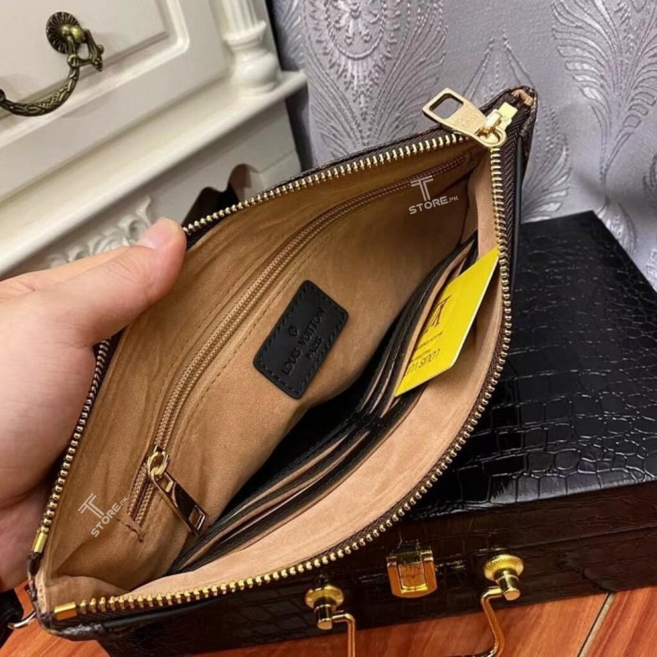 LV Brown Flower Printed Logo Leather Men's Handbag
