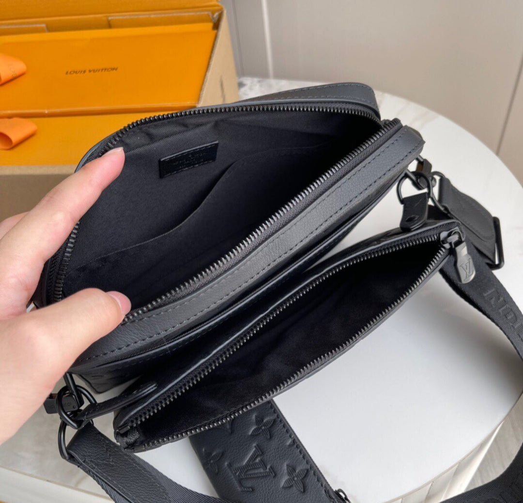LV Matte Black Embossed Trio Messenger Bag