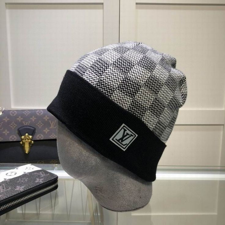 LV Light Grey Small Check Woolen Beanie Cap