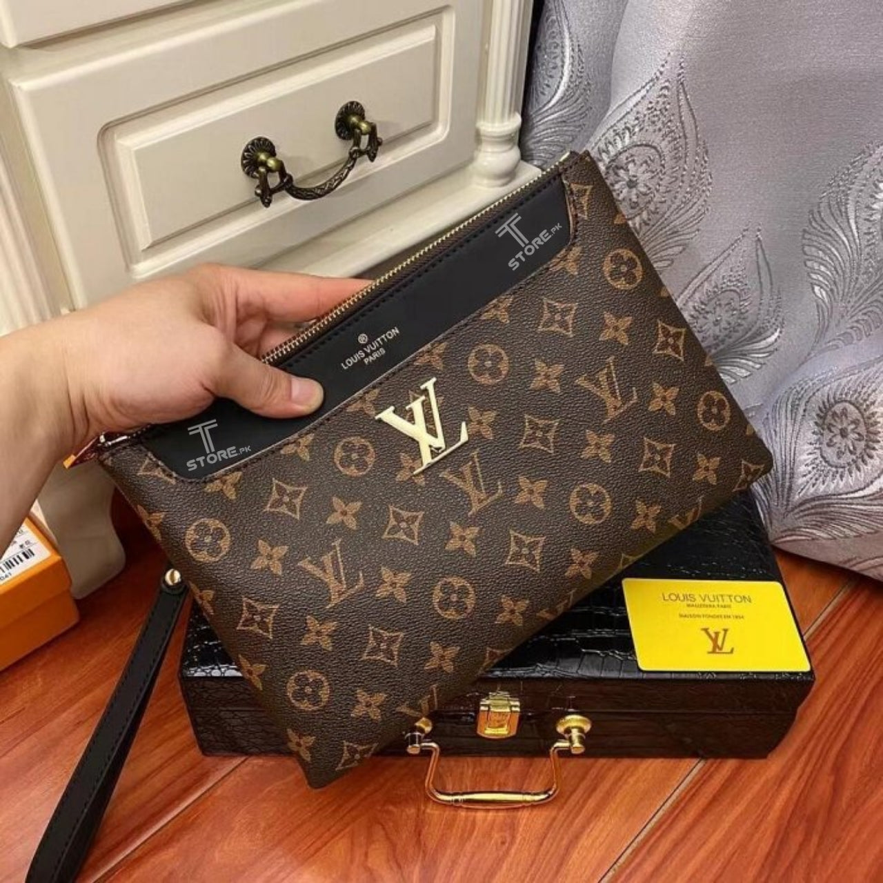 LV Brown Flower Printed Logo Leather Men's Handbag