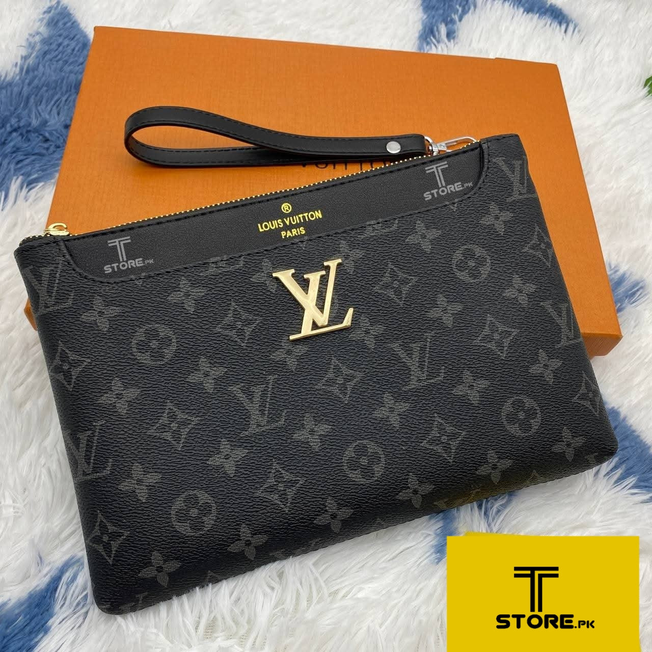 LV Black Flower Printed Logo Leather Men's Handbag