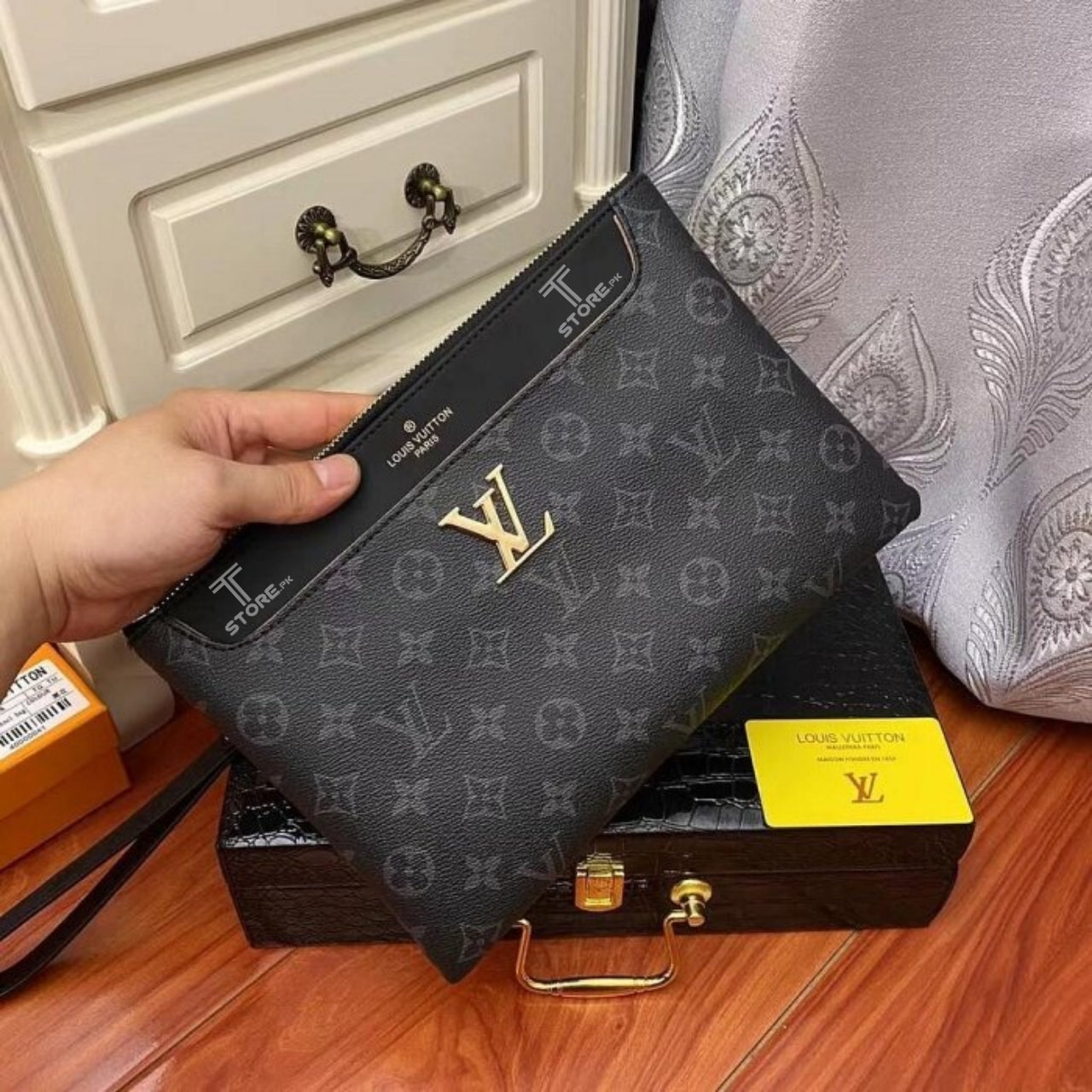 LV Black Flower Printed Logo Leather Men's Handbag
