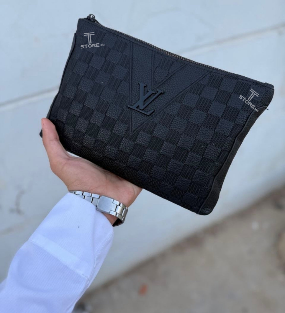 LV Black Check Embossed Leather Men's Handbag