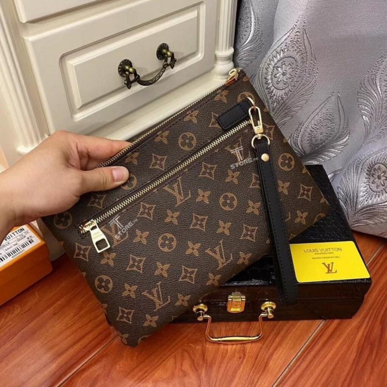 LV Brown Flower Printed Logo Leather Men's Handbag