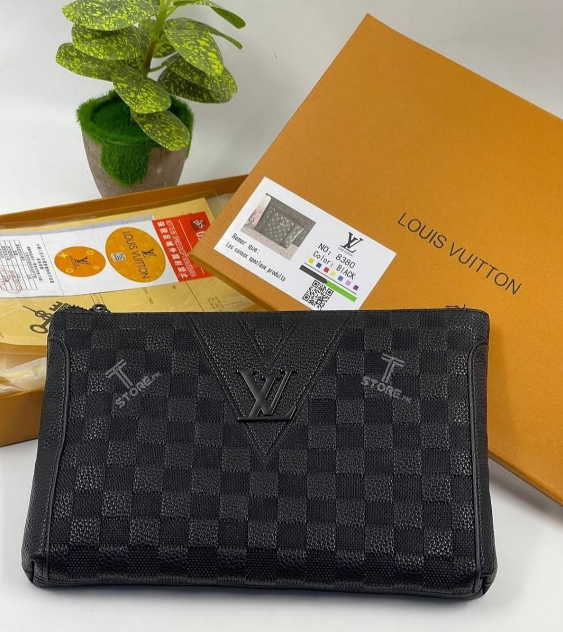 LV Black Check Embossed Leather Men's Handbag