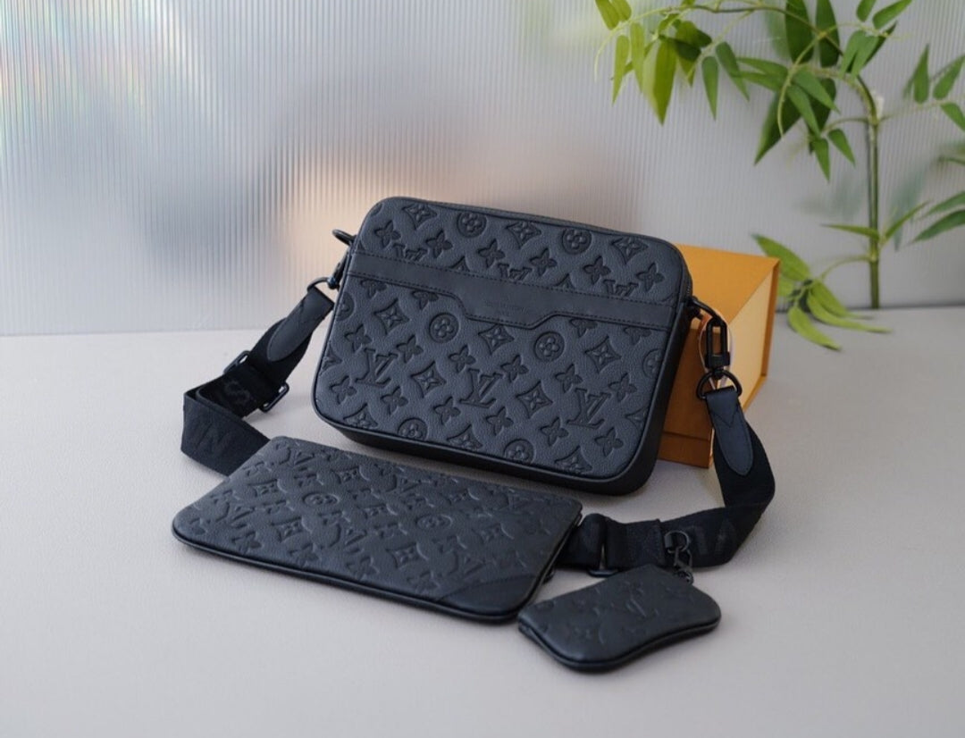 LV Matte Black Embossed Trio Messenger Bag