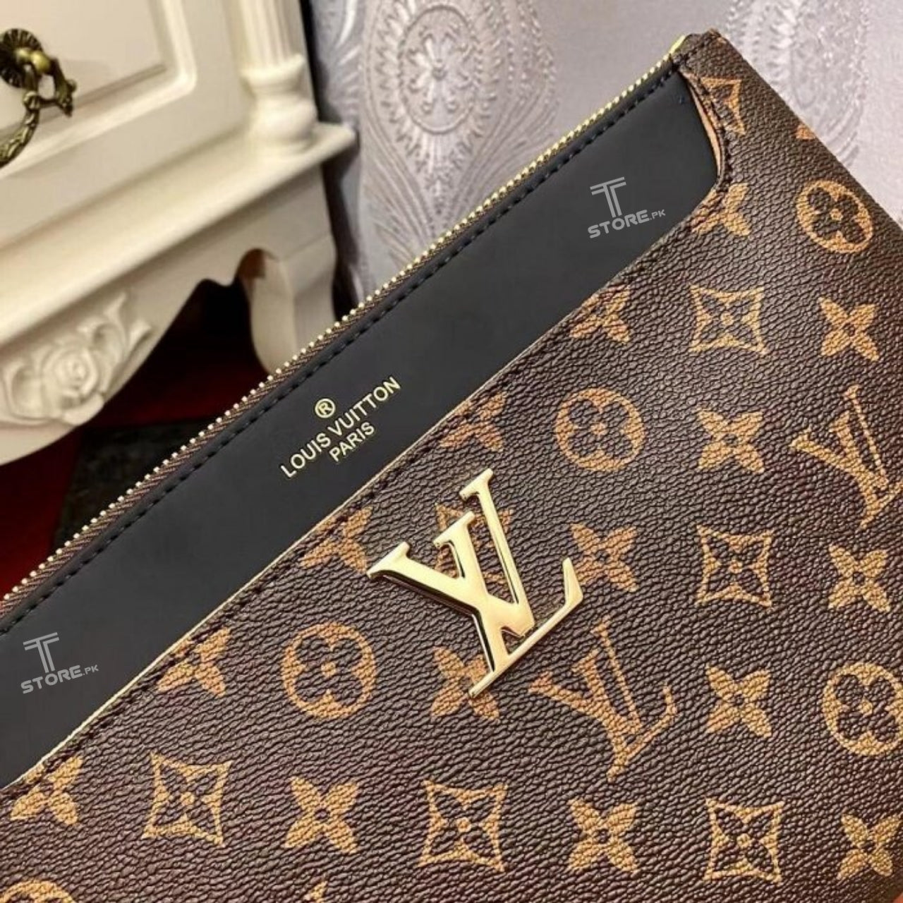 LV Brown Flower Printed Logo Leather Men's Handbag