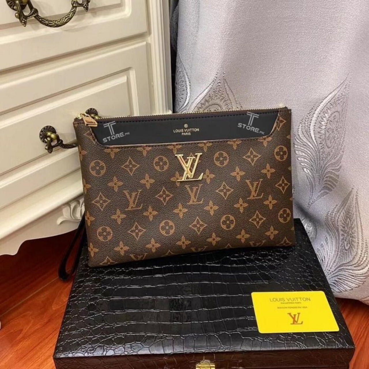 LV Brown Flower Printed Logo Leather Men's Handbag