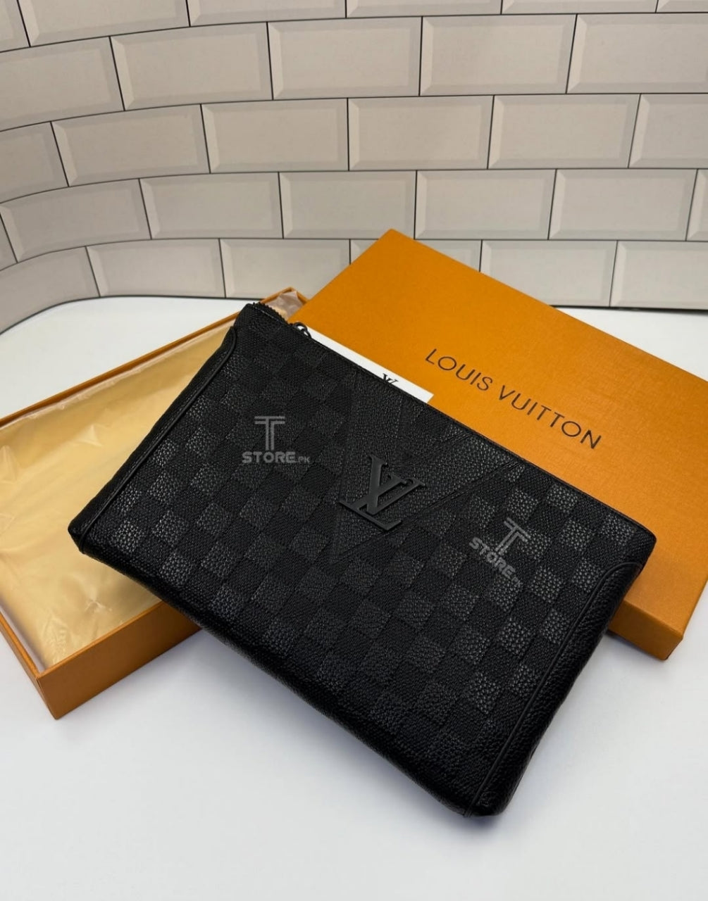 LV Black Check Embossed Leather Men's Handbag
