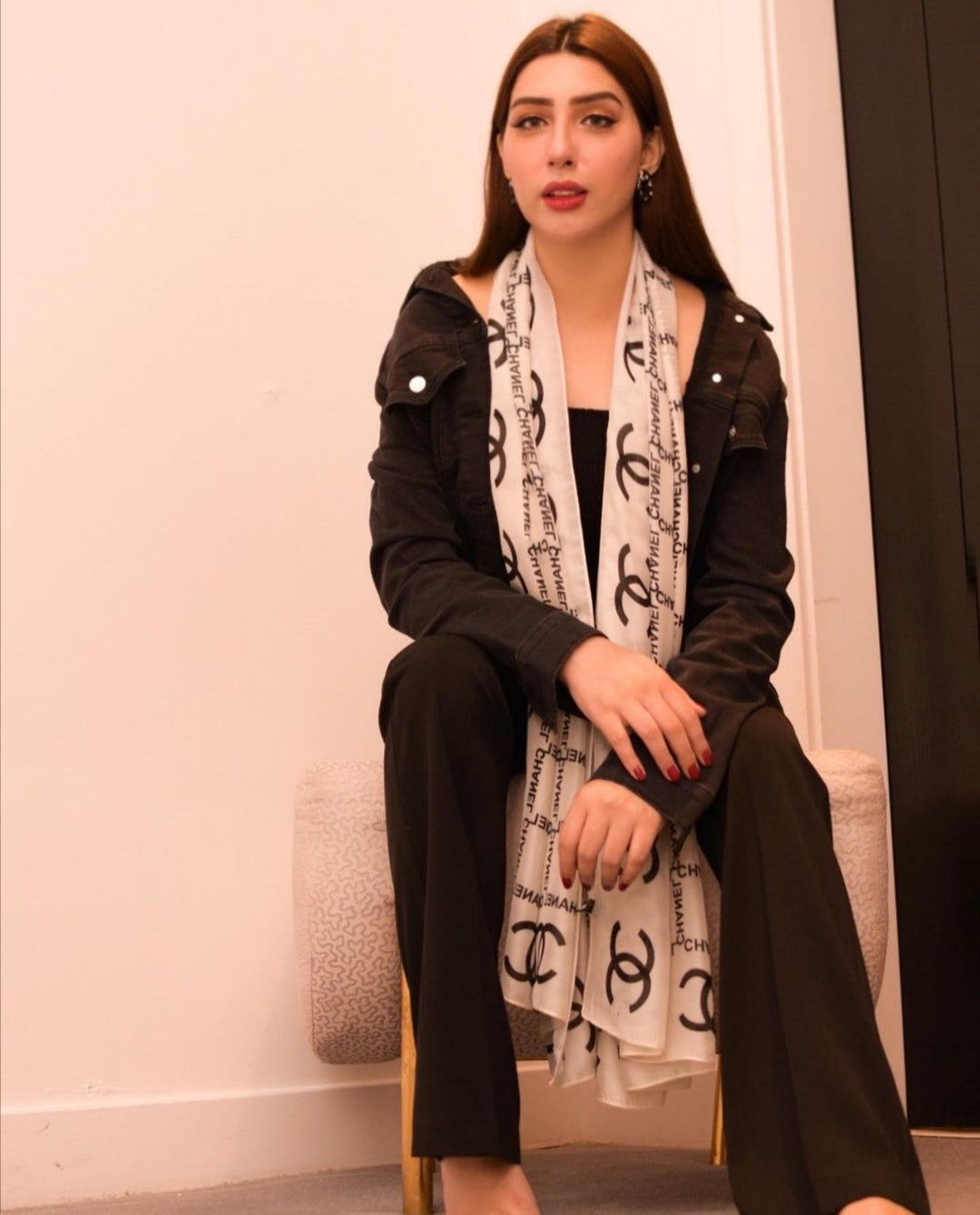 Chanel Printed White Silk Scarf