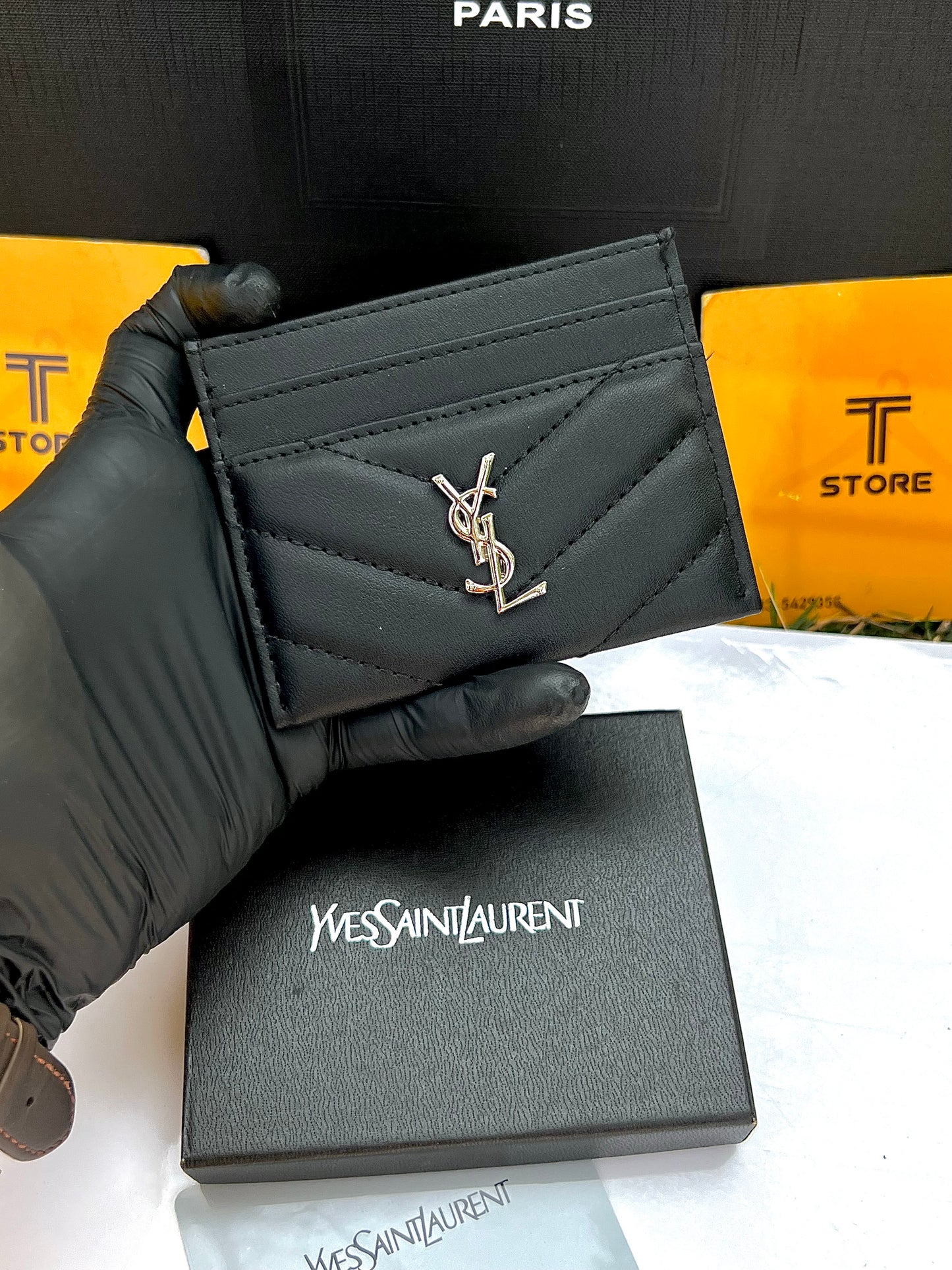 YSL Black Plain Silver Logo Cardholder