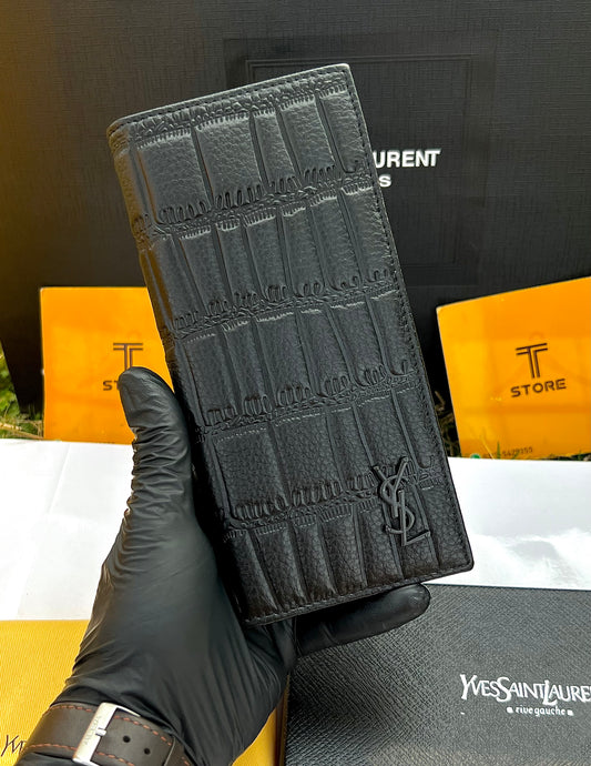 YSL Black Plain Black Logo Genuine Leather Long Wallet