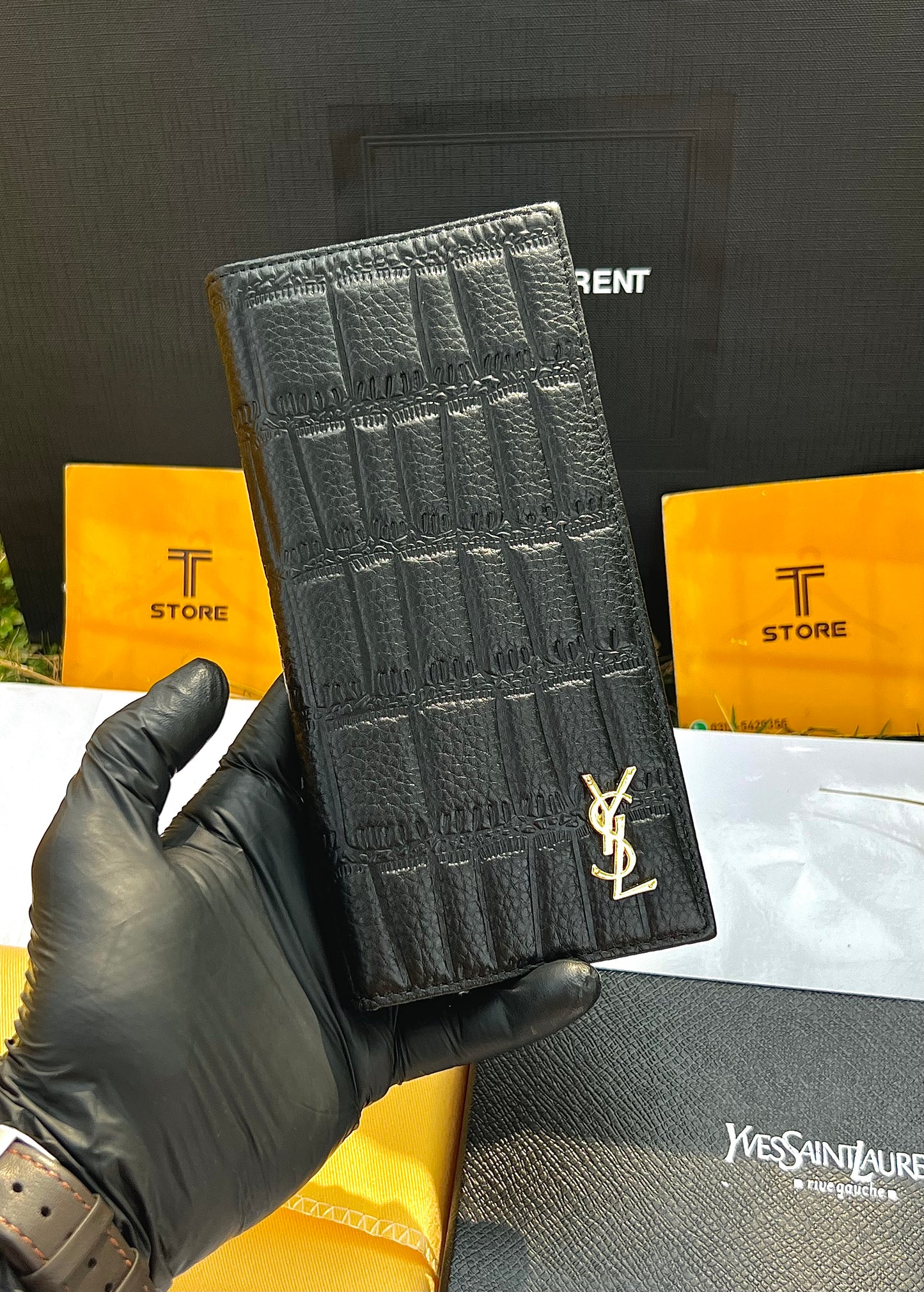 YSL Black Plain Golden Logo Genuine Leather Long Wallet