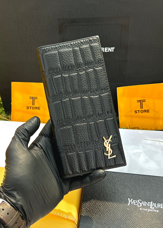 YSL Black Plain Golden Logo Genuine Leather Long Wallet