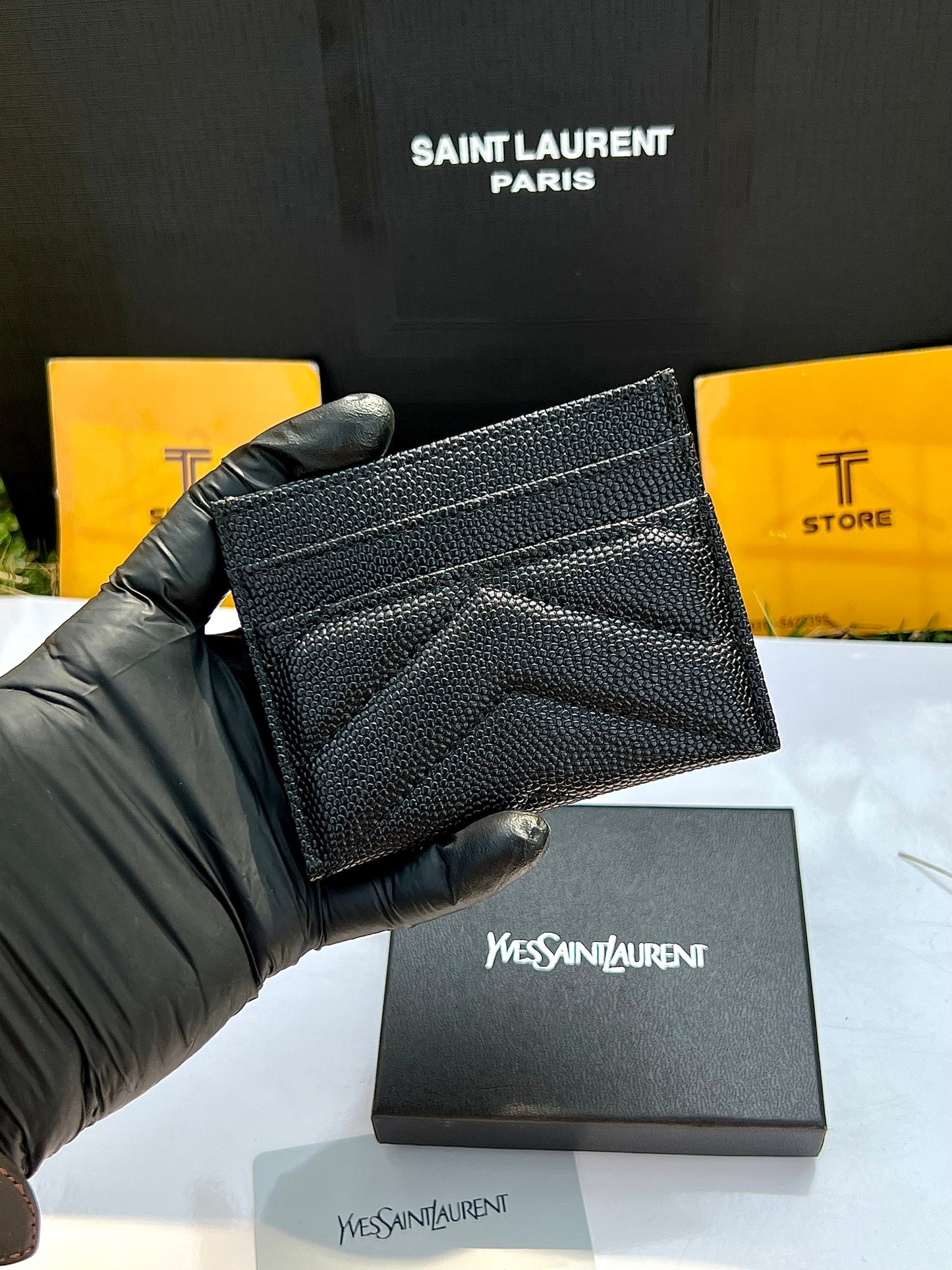 YSL Black Textured Silver Logo Cardholder
