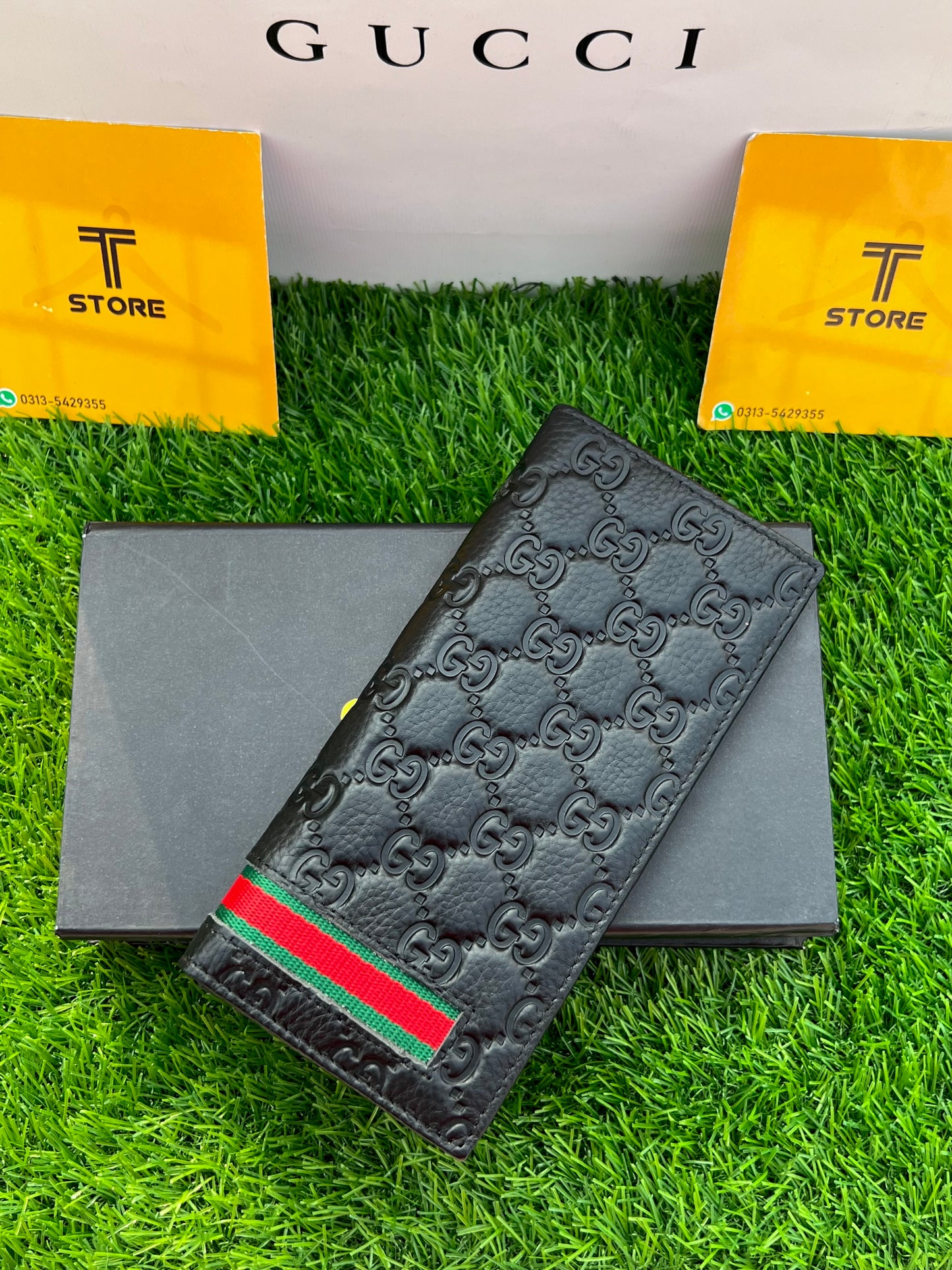 Gucci Black Strip Genuine Leather Long Wallet