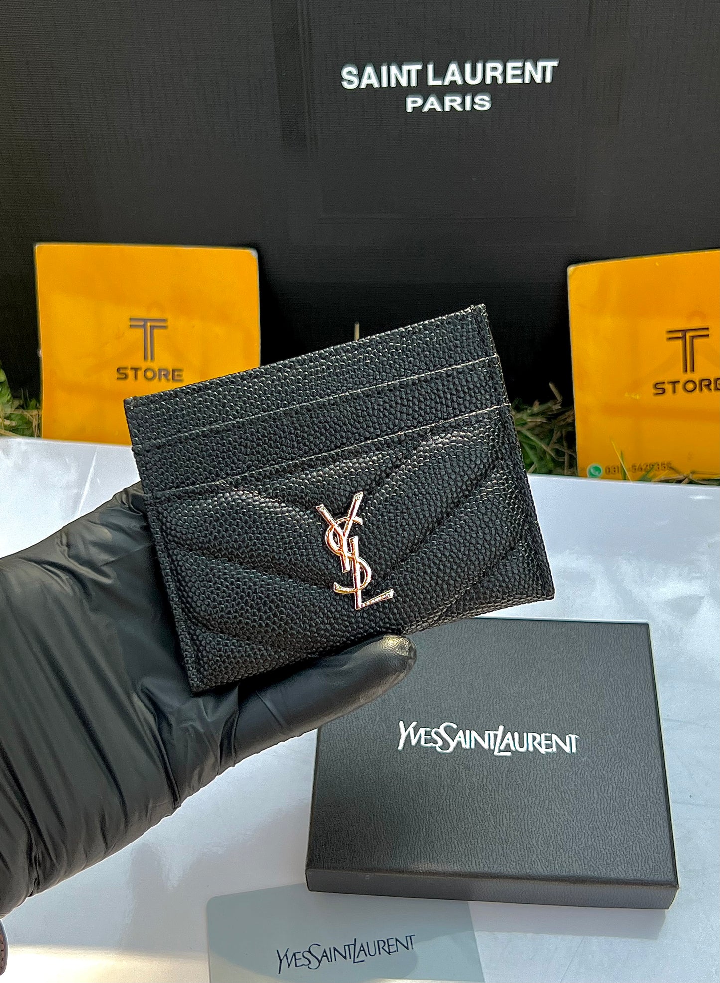 YSL Black Textured Silver Logo Cardholder